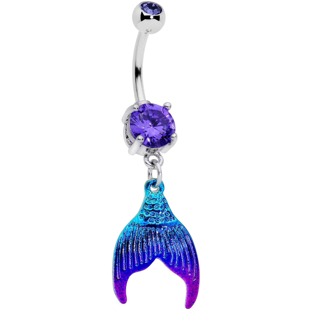 Sea Dragon Dreams purple mermaid tail belly ring with a sparkling purple gemstone and aqua-pink enamel dangle charm