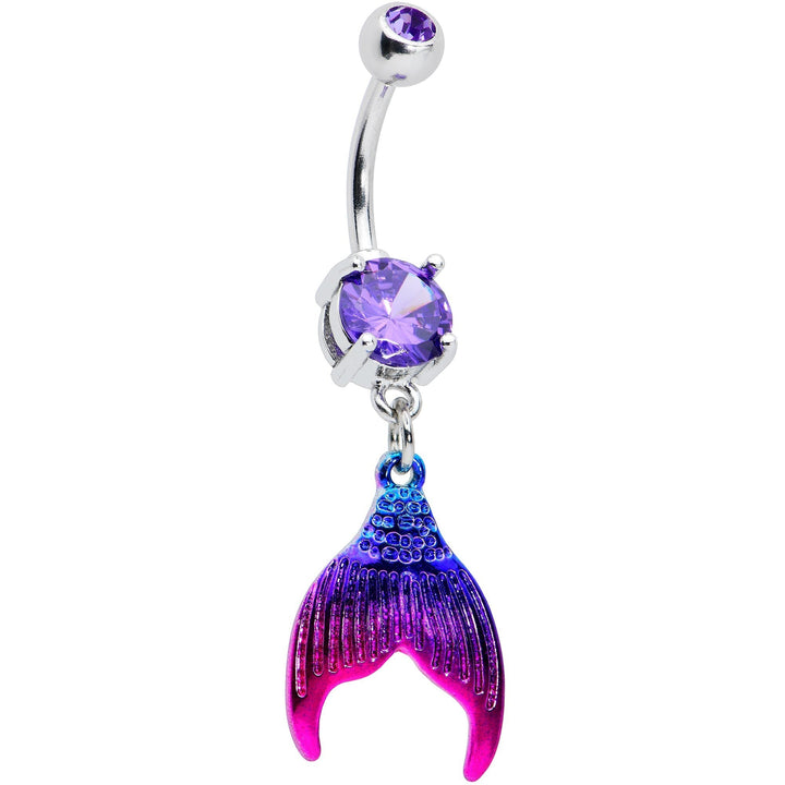 Sea Dragon Dreams purple mermaid tail belly ring with a sparkling purple gemstone and aqua and pink enamel detail.