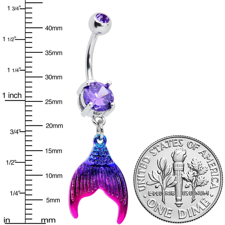 Sea Dragon Dreams purple mermaid tail belly ring with a pink and aqua enamel dangle charm and a sparkling purple gem.