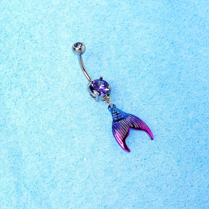 Sea Dragon Dreams purple gemstone belly ring with an aqua and pink enamel mermaid tail dangle charm