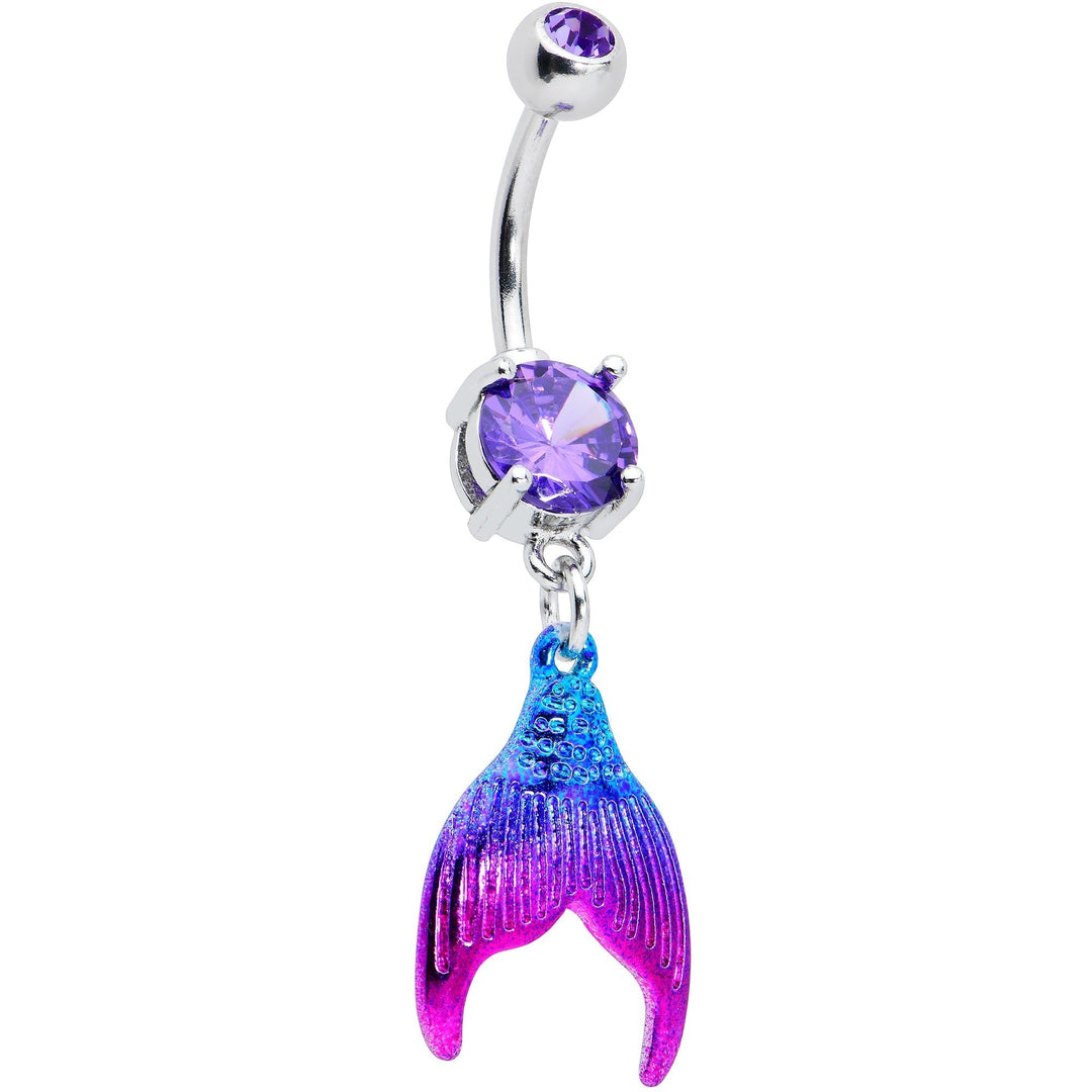 Sea Dragon Dreams purple mermaid tail belly ring with aqua and pink enamel charm and sparkling purple gemstone accent.