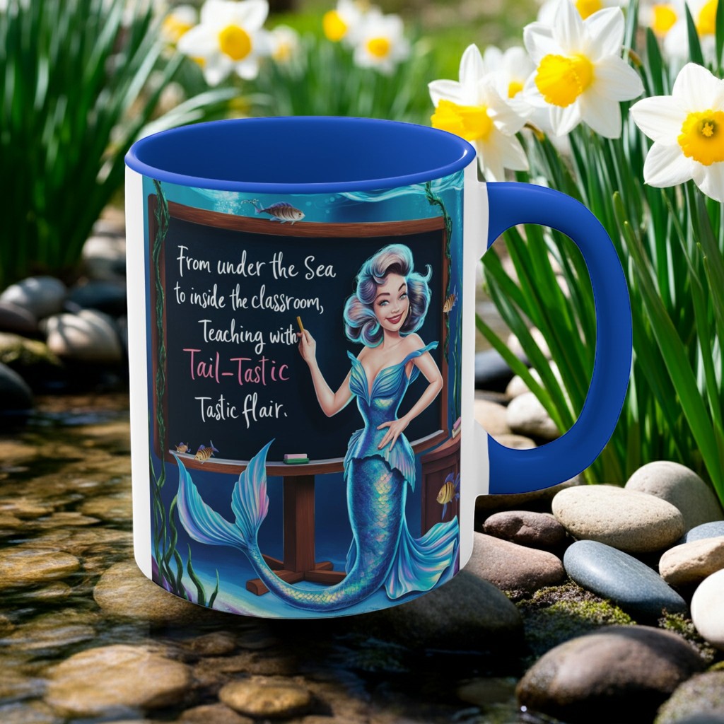 Sea Dragon Dreams 11oz ceramic accent mug with a blue handle and interior featuring a mermaid teacher illustration.