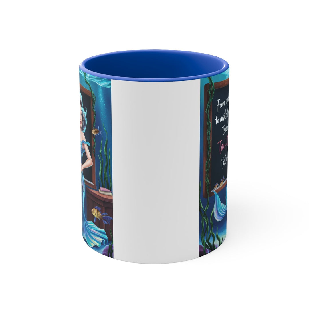 Sea Dragon Dreams 11oz ceramic accent mug with blue interior and handle featuring a mermaid teacher illustration.