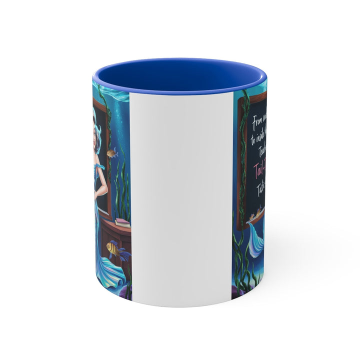 Sea Dragon Dreams 11oz ceramic accent mug with blue interior and handle featuring a mermaid teacher illustration.