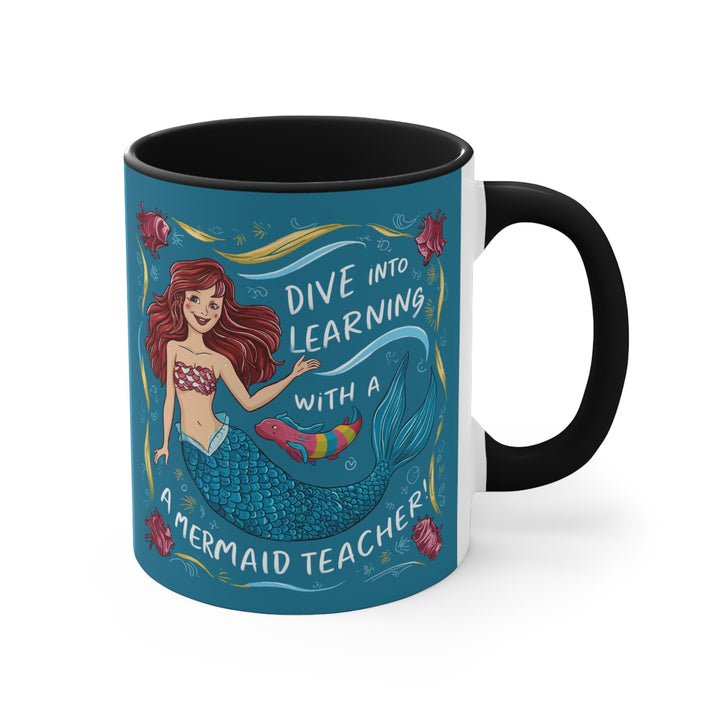 Sea Dragon Dreams ceramic accent mug with black interior and handle featuring a mermaid teacher illustration.