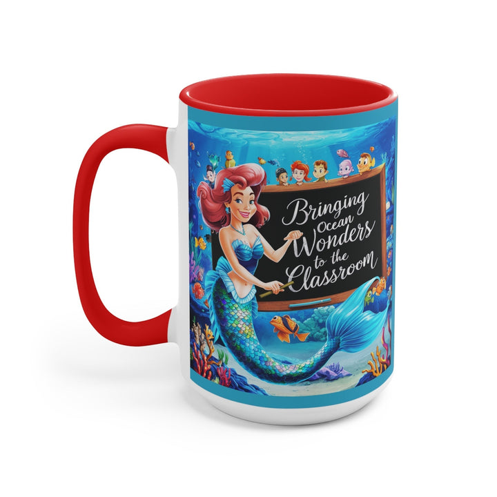Sea Dragon Dreams ceramic mug featuring a mermaid teacher and ocean classroom design with a vibrant red handle