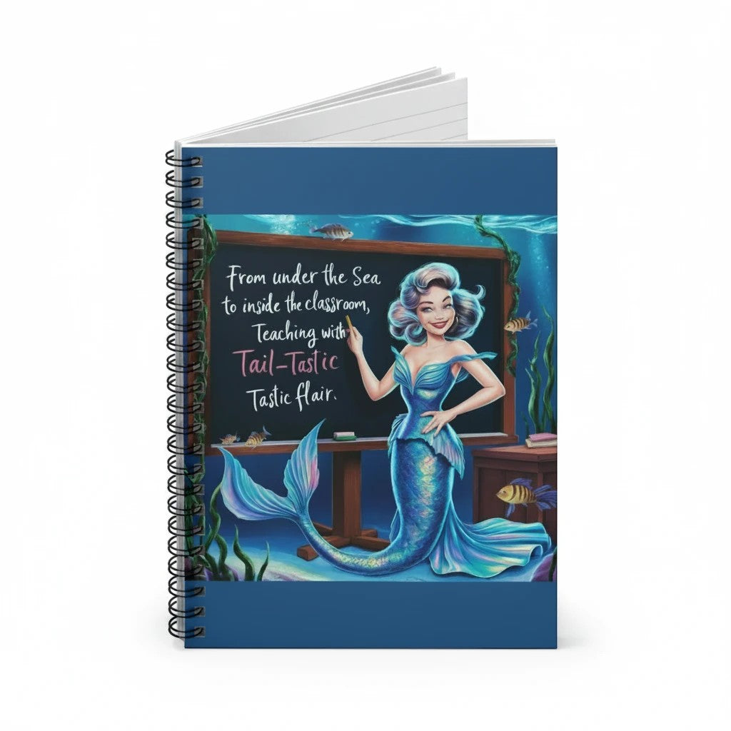 Sea Dragon Dreams Fintastic Teacher spiral notebook with a mermaid teacher illustration on a blue cover.