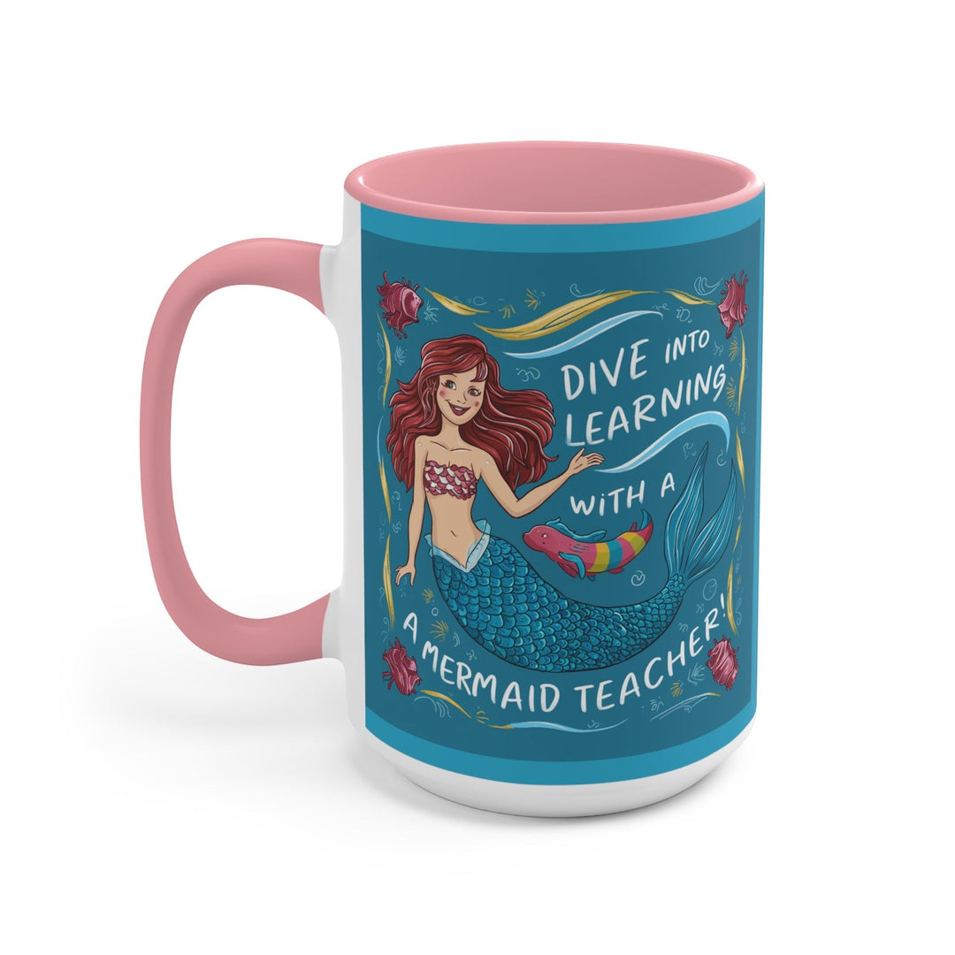 Sea Dragon Dreams ceramic accent mug with pink handle and interior featuring a mermaid teacher illustration.