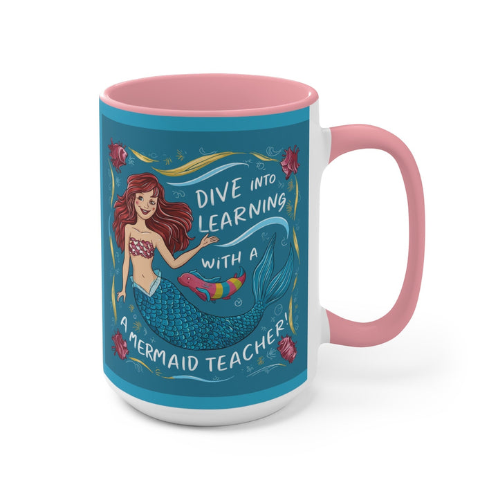 Sea Dragon Dreams ceramic accent mug with pink interior and handle featuring a mermaid teacher illustration.