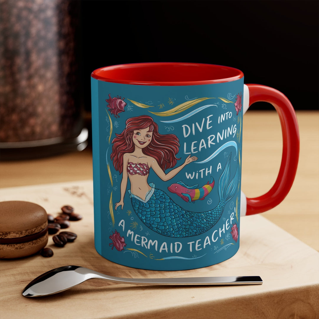 Sea Dragon Dreams ceramic accent mug with red interior and handle featuring a mermaid teacher illustration