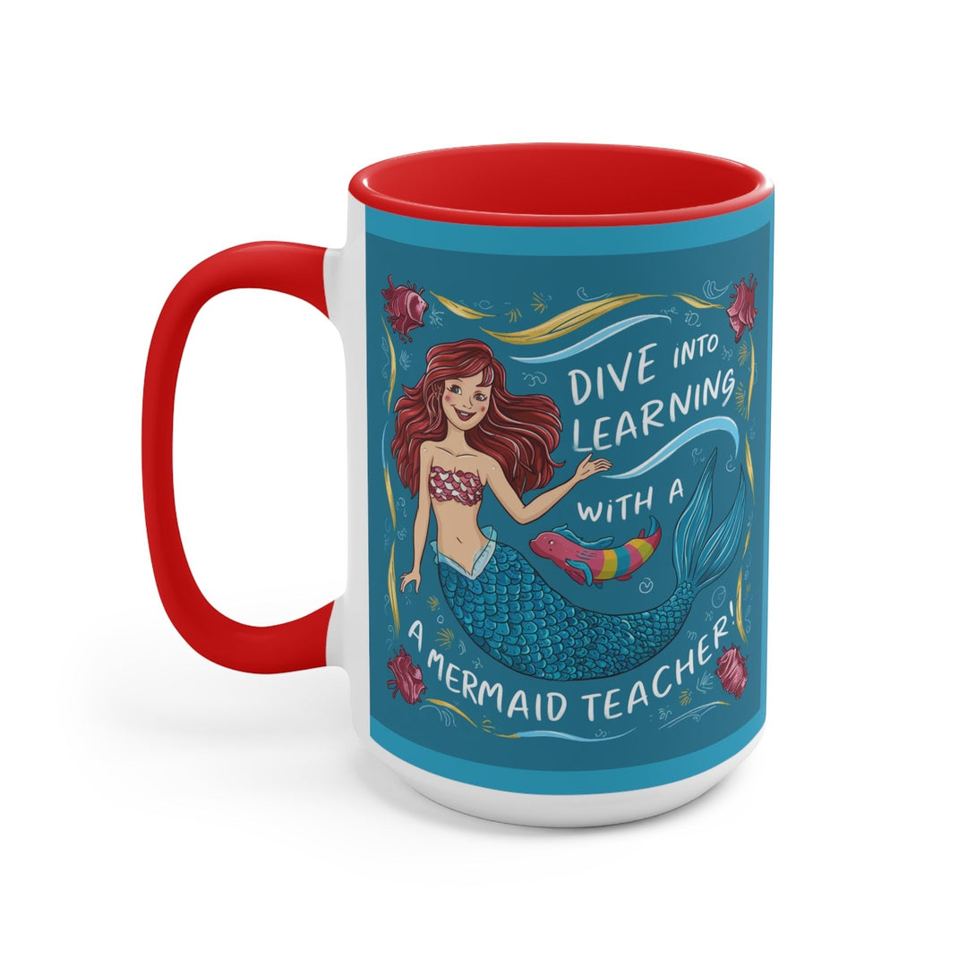 Sea Dragon Dreams ceramic accent mug with a red interior and handle featuring a mermaid teacher illustration.