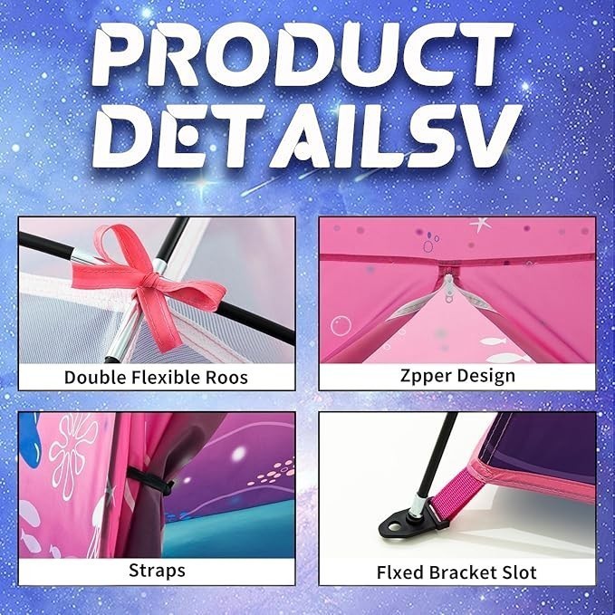 Sea Dragon Dreams pink mermaid play tent showing assembly details like flexible rods, zippers, straps, and brackets.