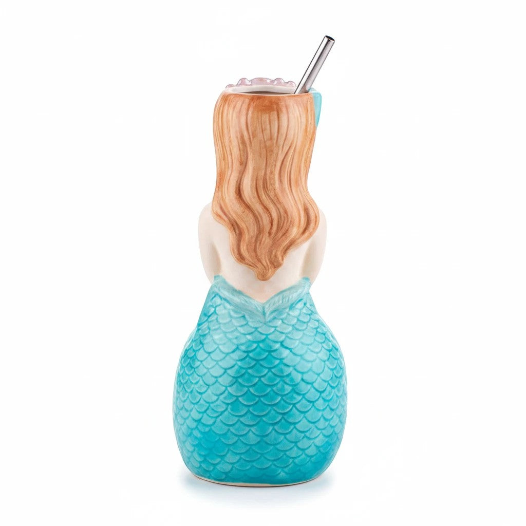 Sea Dragon Dreams hand-painted ceramic mermaid tiki mug, back view showing flowing hair and blue scale tail