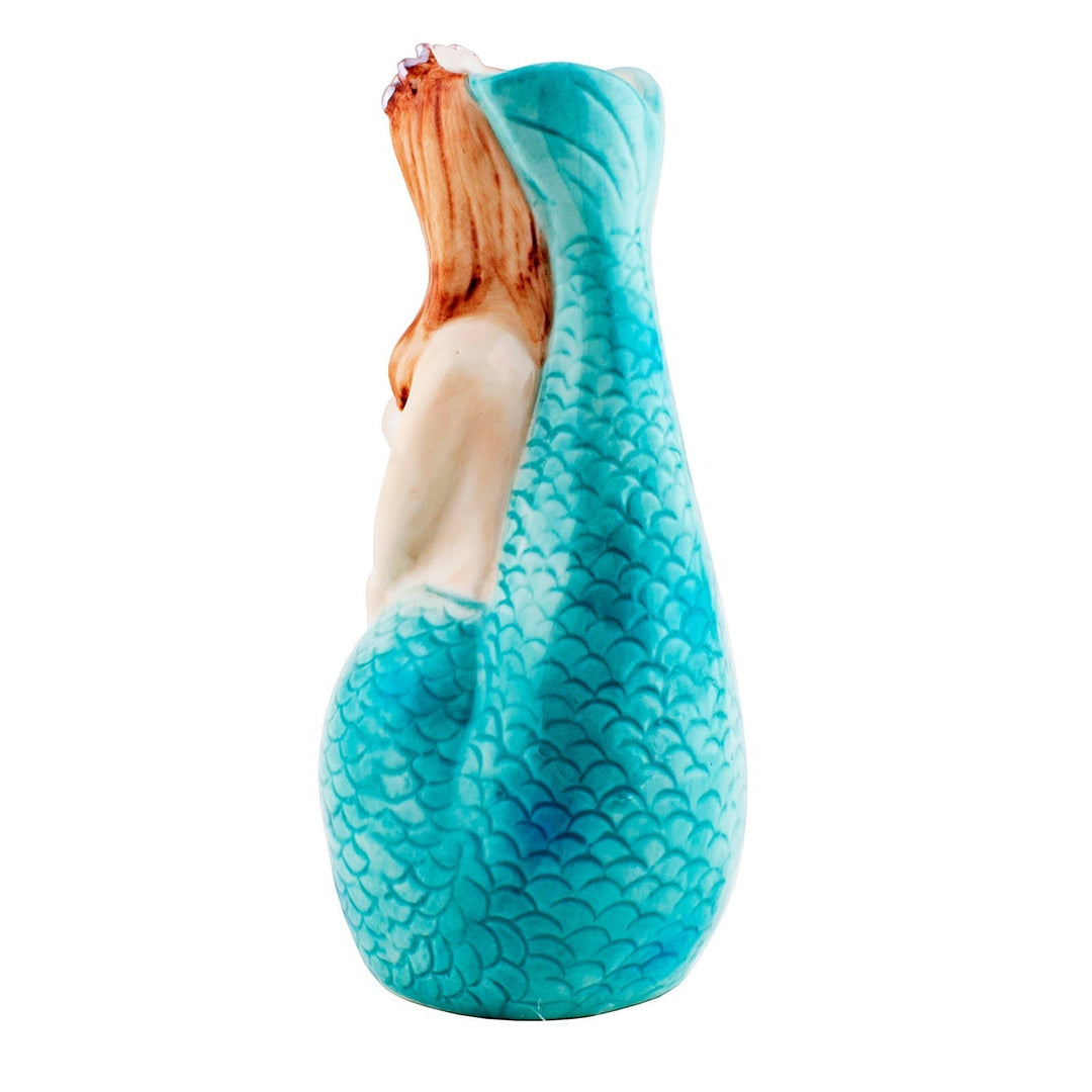 Sea Dragon Dreams BarConic Mermaid Tiki Mug in ceramic with hand-painted teal tail and flowing hair, side view.