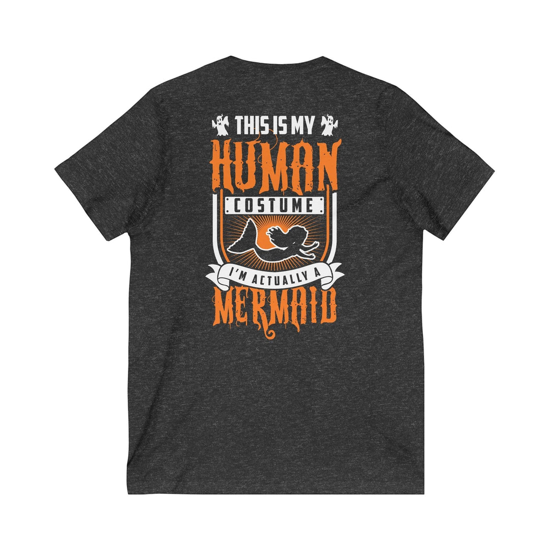 Sea Dragon Dreams unisex V-neck tee in dark grey heather with a white and orange human mermaid graphic on the back.