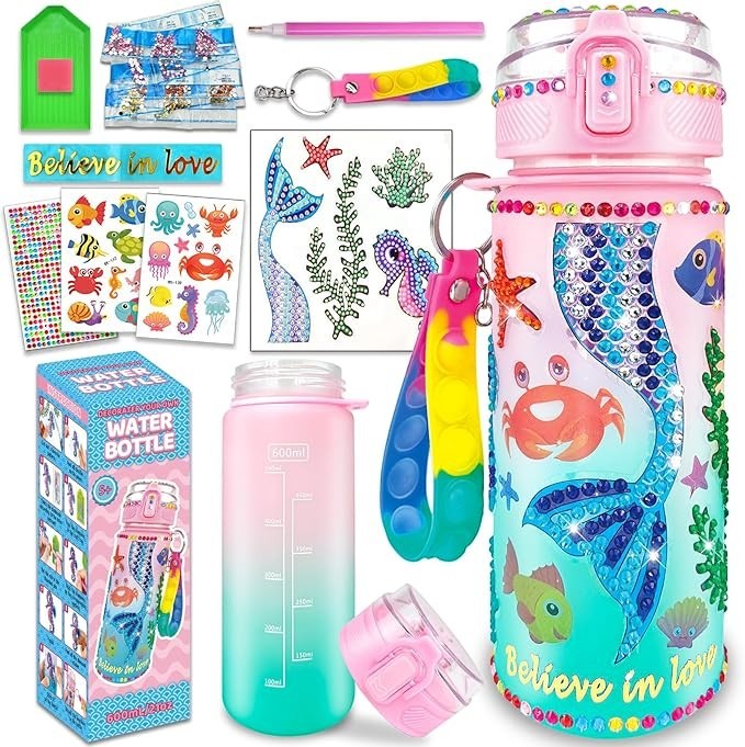 Sea Dragon Dreams mermaid paint-your-own water bottle craft kit with stickers, gems, and a pop-it keychain for kids.