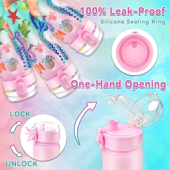 Sea Dragon Dreams mermaid craft water bottle kit with leak-proof silicone seal and one-hand opening mechanism