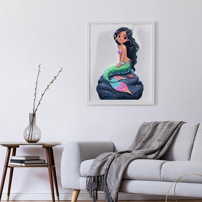 Sea Dragon Dreams 500-piece wooden mermaid jigsaw puzzle framed as wall art in a modern living room setting.