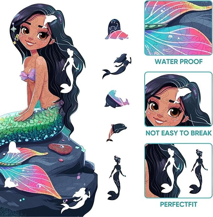 Sea Dragon Dreams 500-piece wooden mermaid jigsaw puzzle featuring colorful fantasy artwork and unique shaped pieces.