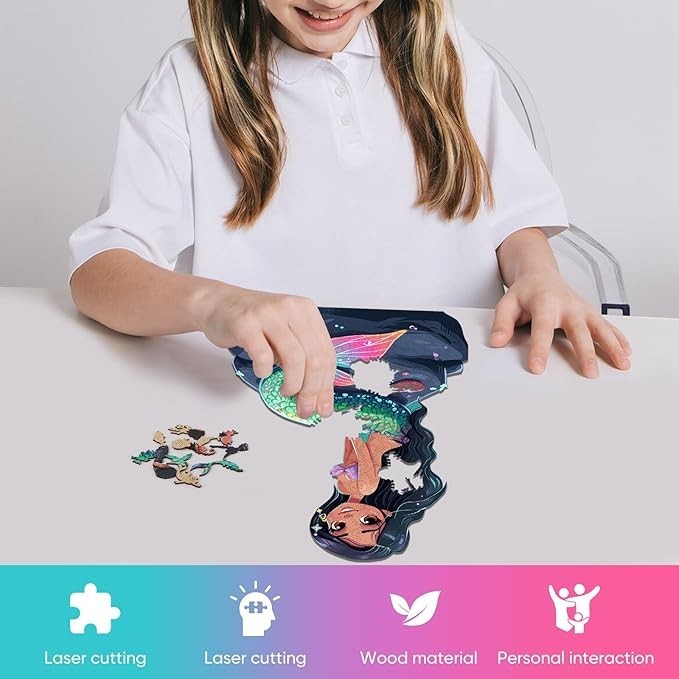 Sea Dragon Dreams 500-piece wooden mermaid jigsaw puzzle being assembled by a child on a white table