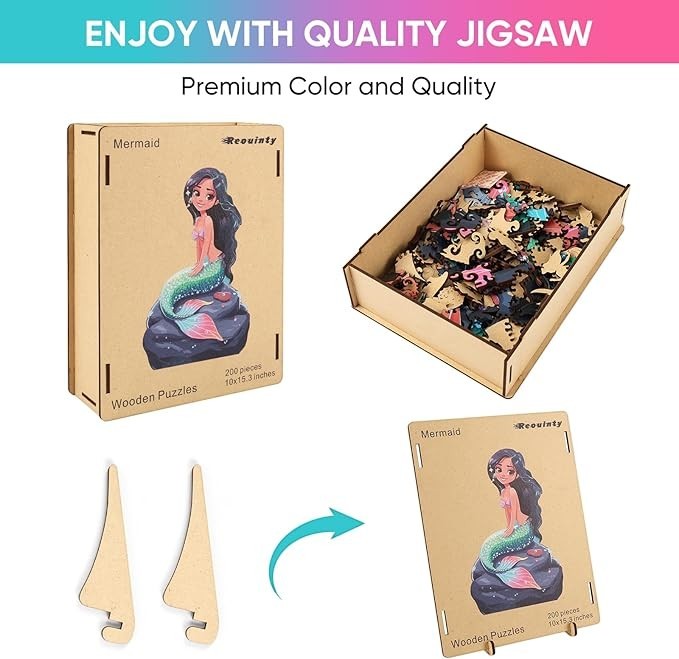 Sea Dragon Dreams mermaid wooden jigsaw puzzle with storage box, featuring colorful fantasy artwork and laser-cut pieces