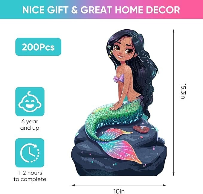 Sea Dragon Dreams mermaid wooden jigsaw puzzle featuring a colorful illustration of a mermaid sitting on a rock.