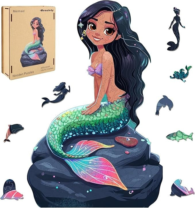 Sea Dragon Dreams 500-piece wooden mermaid jigsaw puzzle with storage box and unique fantasy-shaped puzzle pieces