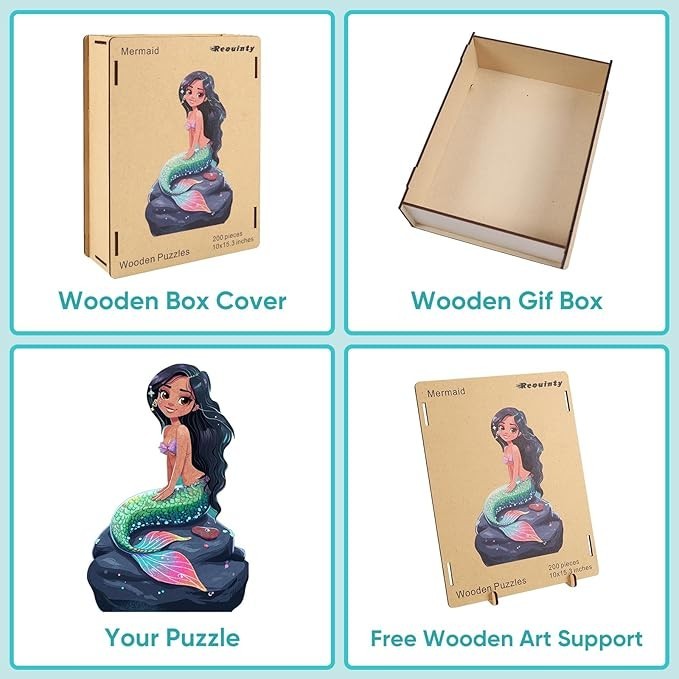 Sea Dragon Dreams mermaid wooden jigsaw puzzle with storage box, art support, and finished mermaid illustration.