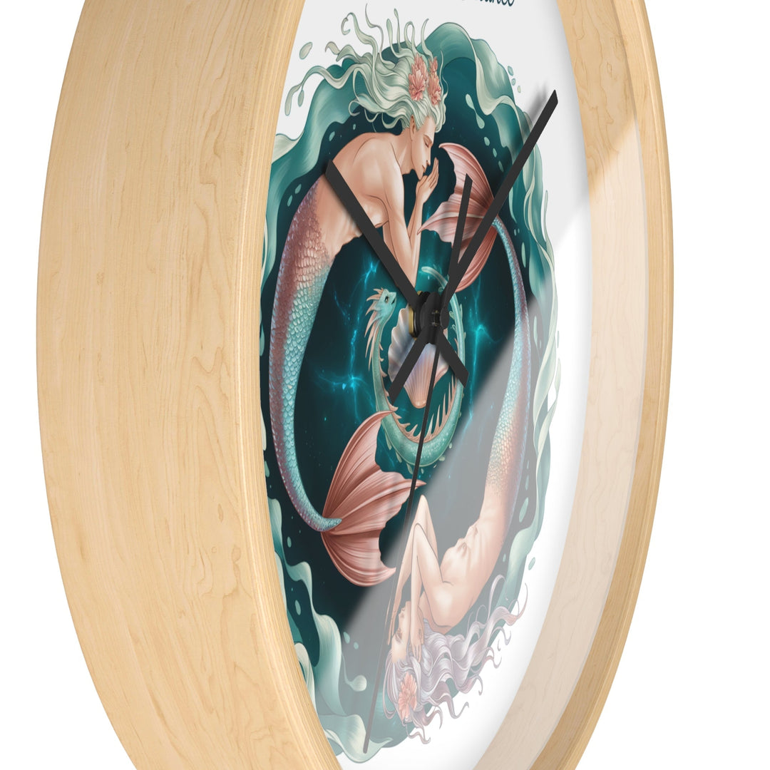 Sea Dragon Dreams Libra Ocean's Balance wooden wall clock featuring a mermaid illustration in teal and pearlescent.