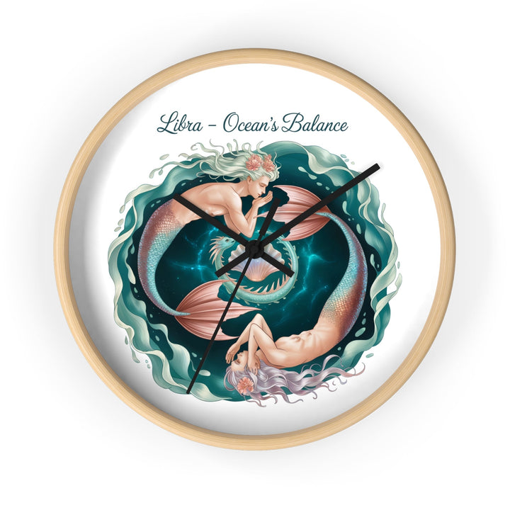 Sea Dragon Dreams Libra Ocean's Balance wooden wall clock featuring a mermaid illustration in teal and pearlescent.