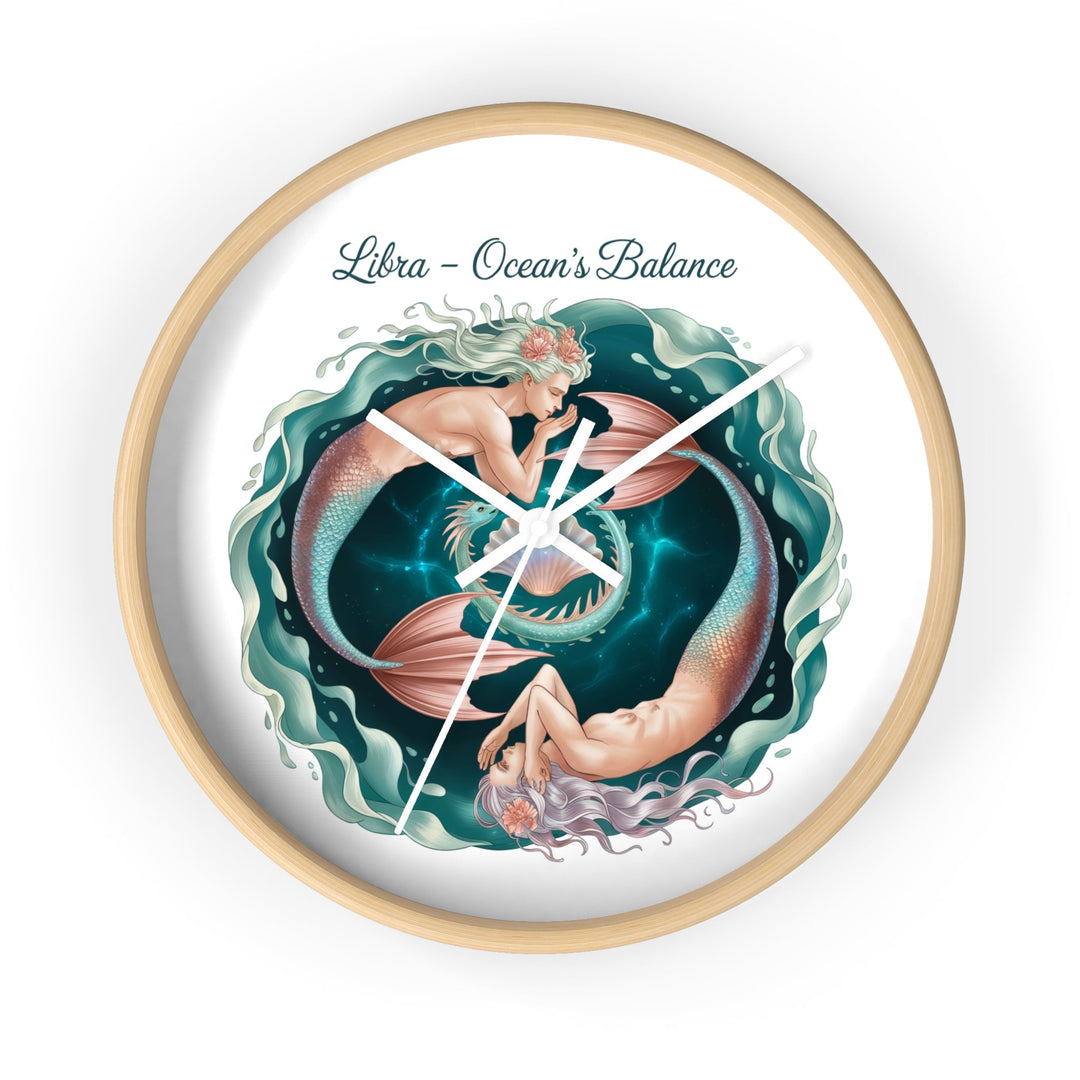 Sea Dragon Dreams Libra Ocean's Balance wooden wall clock featuring a mermaid illustration in teal waves.