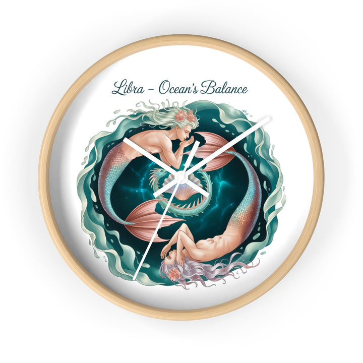 Sea Dragon Dreams Libra Ocean's Balance wooden wall clock featuring a mermaid illustration in teal waves.