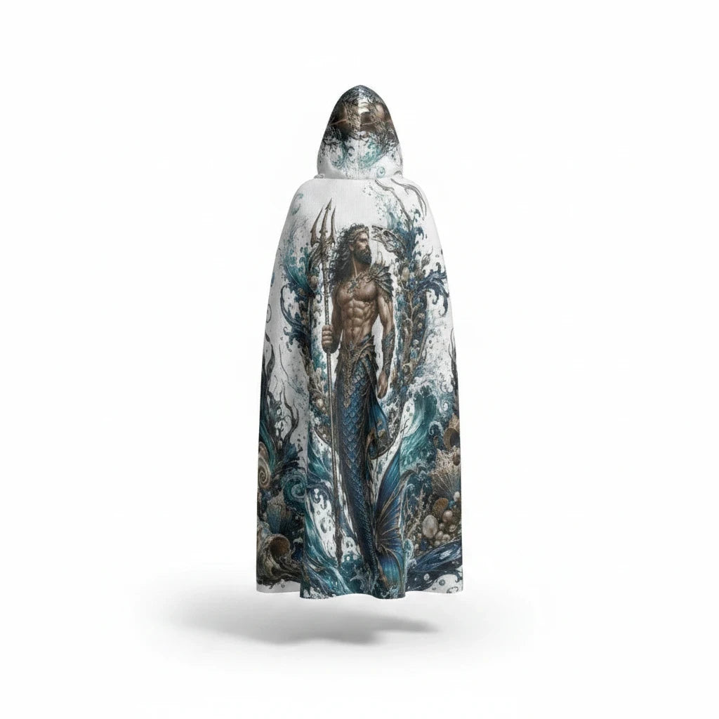 Sea Dragon Dreams unisex hooded cloak featuring a detailed merman with a trident amidst swirling ocean waves.