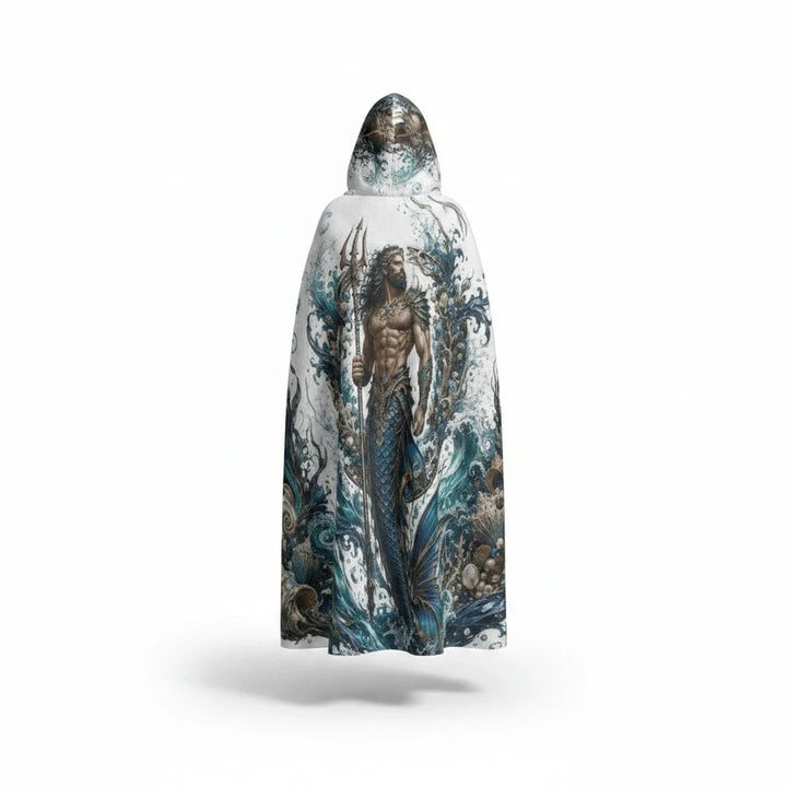 Sea Dragon Dreams unisex hooded cloak featuring a detailed merman with a trident amidst swirling ocean waves.