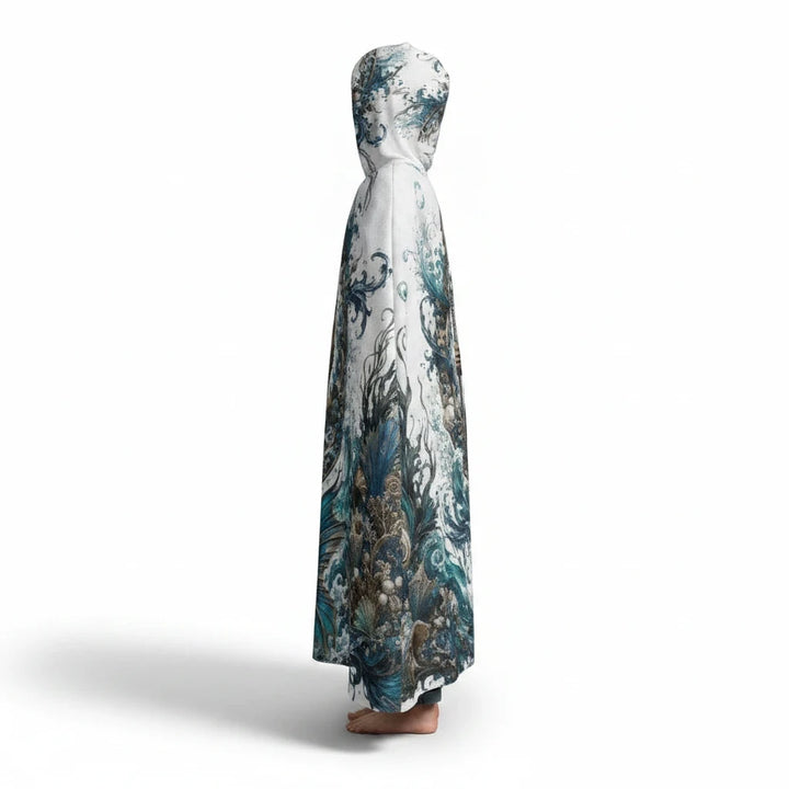 Sea Dragon Dreams unisex hooded cloak in white scuba fabric with detailed blue and brown ocean-themed merman artwork.