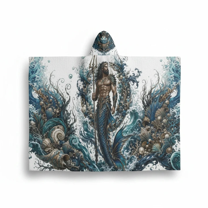 Sea Dragon Dreams Merman hooded cloak featuring detailed ocean artwork with a merman holding a trident in blue waves.