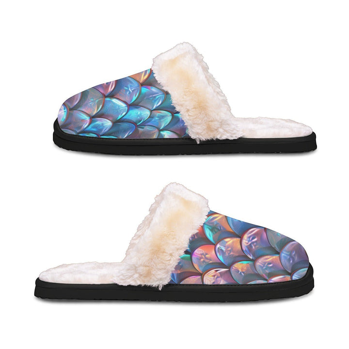 Sea Dragon Dreams men's slippers with iridescent blue and purple merman scale pattern and plush white faux fur lining.