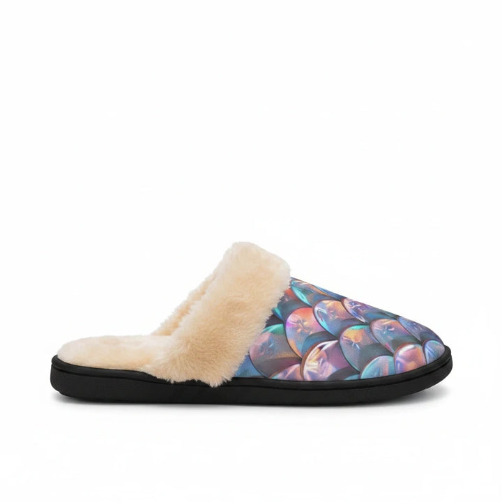 Sea Dragon Dreams men's house slippers featuring a shimmering iridescent merman scale pattern and plush cream lining.