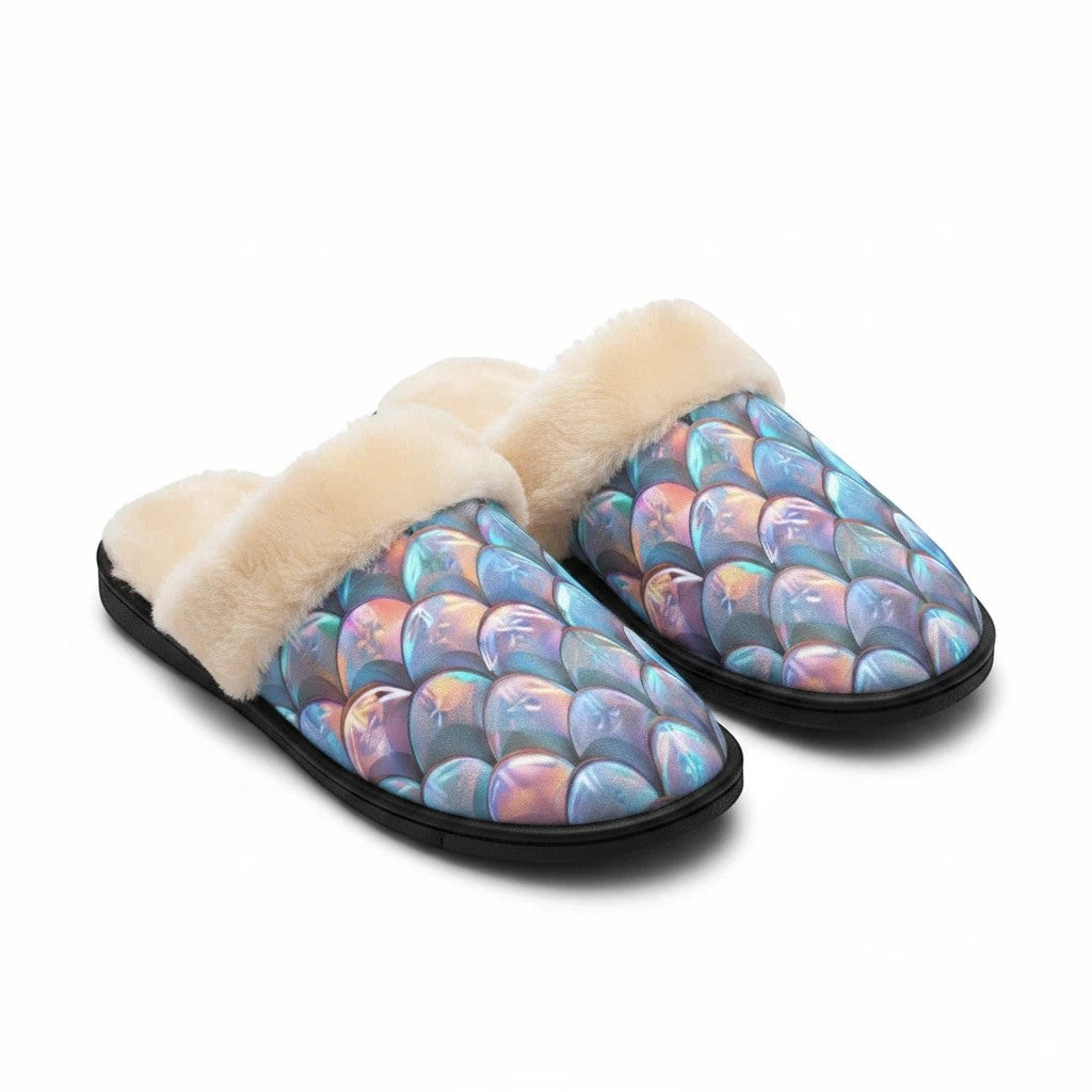 Sea Dragon Dreams men's slippers with iridescent merman scale pattern, polyester uppers, and plush cream lining.