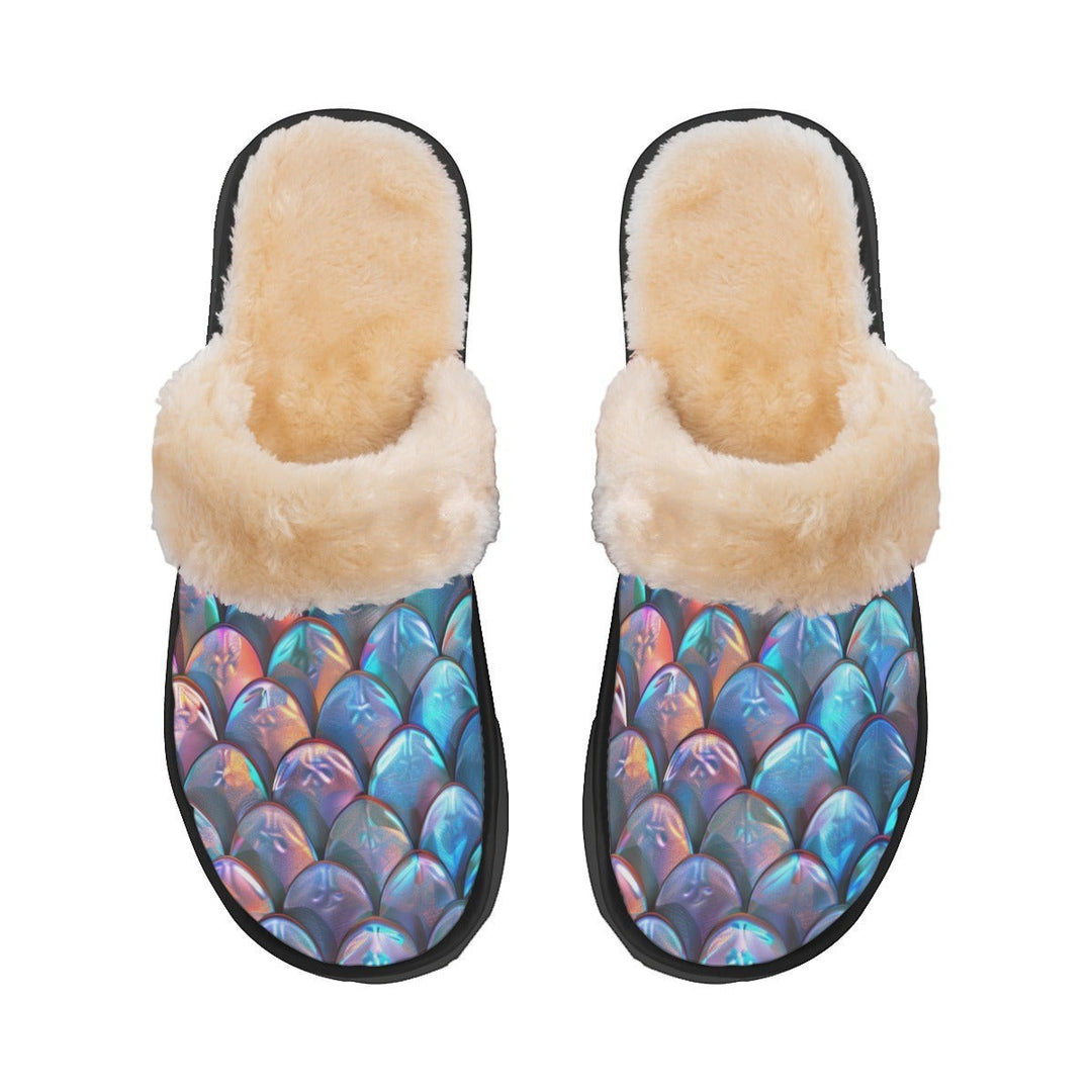 Sea Dragon Dreams men's slippers featuring a vibrant iridescent merman scale pattern with soft beige faux fur lining.