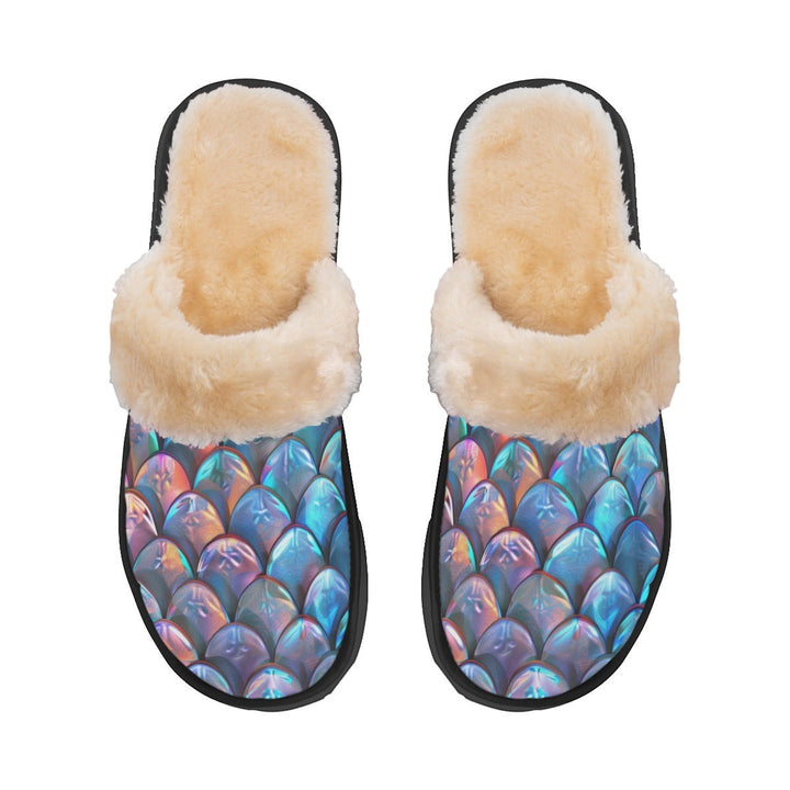 Sea Dragon Dreams men's slippers featuring a vibrant iridescent merman scale pattern with soft beige faux fur lining.
