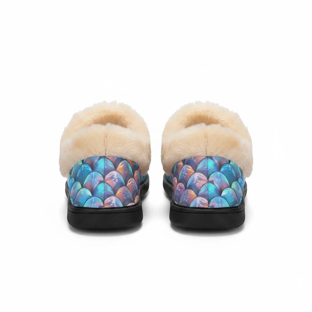Sea Dragon Dreams men's house slippers with iridescent blue and purple merman scale pattern and plush cream lining.