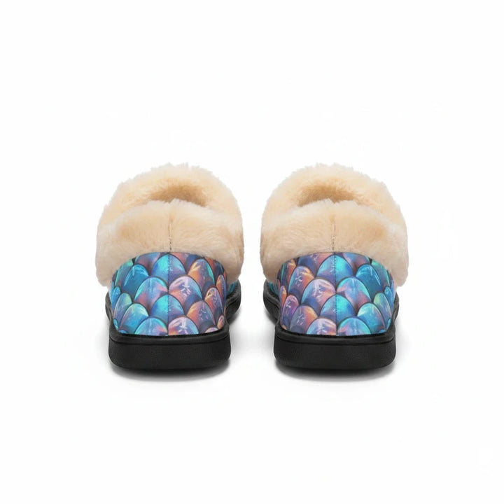 Sea Dragon Dreams men's house slippers with iridescent blue and purple merman scale pattern and plush cream lining.