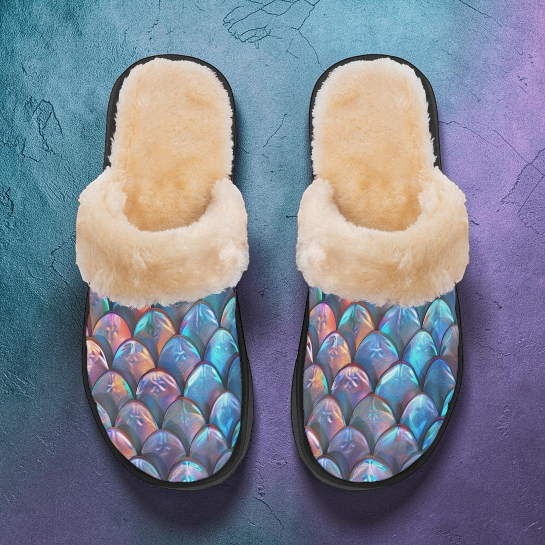 Sea Dragon Dreams men's house slippers with iridescent blue and purple merman scale pattern and plush beige lining.