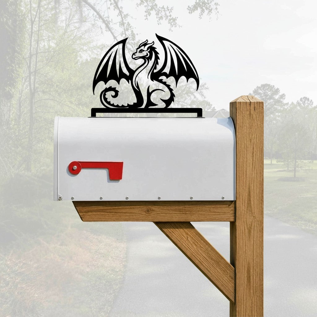 Sea Dragon Dreams black metal dragon mailbox topper mounted on a white rural mailbox in a residential setting.