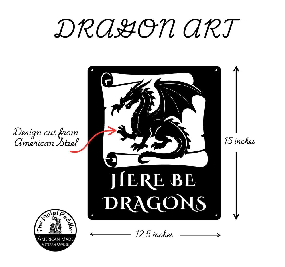 Sea Dragon Dreams black metal wall sign featuring a dragon silhouette on a scroll with Here Be Dragons text.