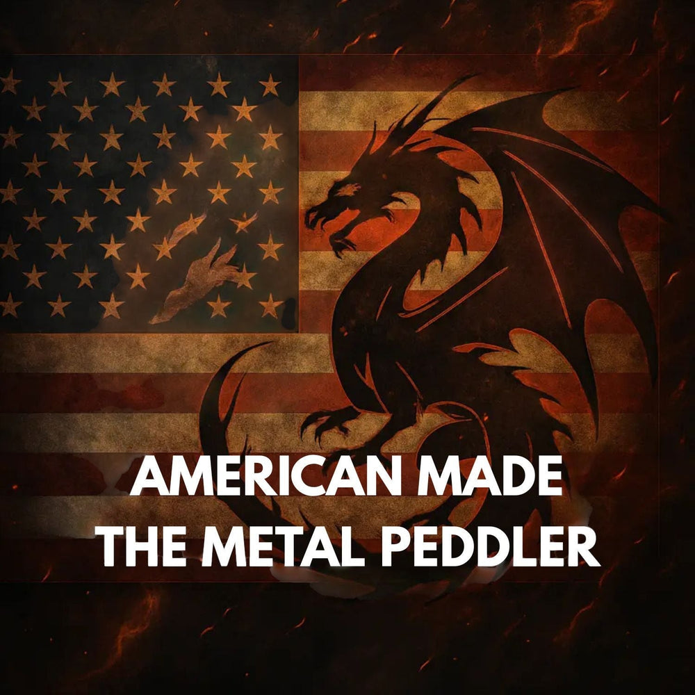 Sea Dragon Dreams custom metal dragon sign featuring a silhouette against a distressed American flag background.