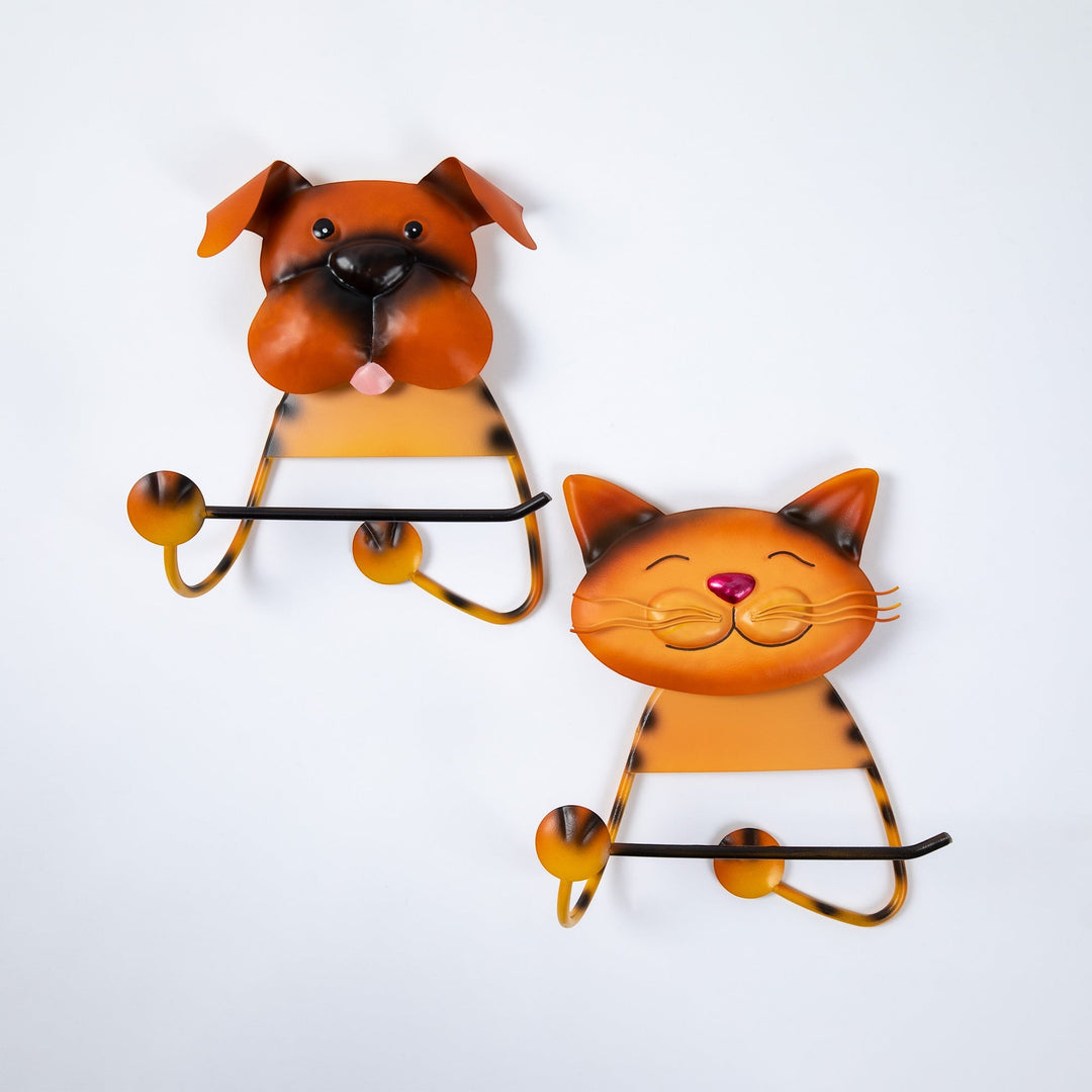 Sea Dragon Dreams metal dog and cat toilet paper holders with whimsical faces and durable painted finishes.