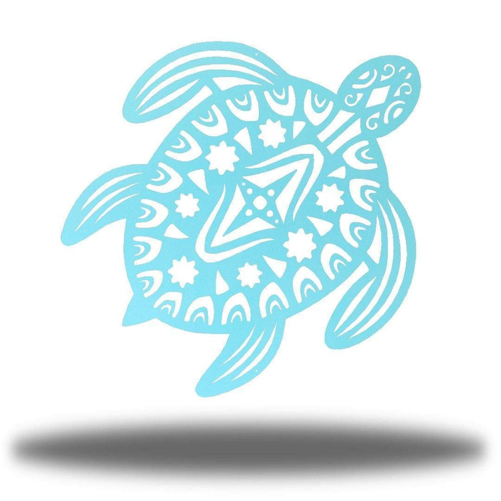 Sea Dragon Dreams light blue metal sea turtle wall art with intricate cutout patterns for coastal home decor.