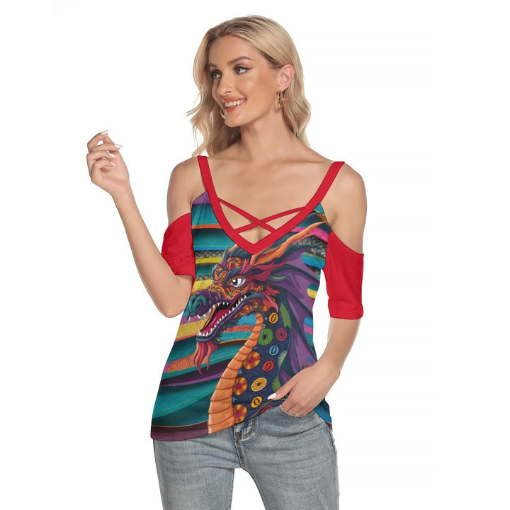Sea Dragon Dreams women's cold shoulder t-shirt featuring a colorful Mexican dragon print and red criss-cross straps.